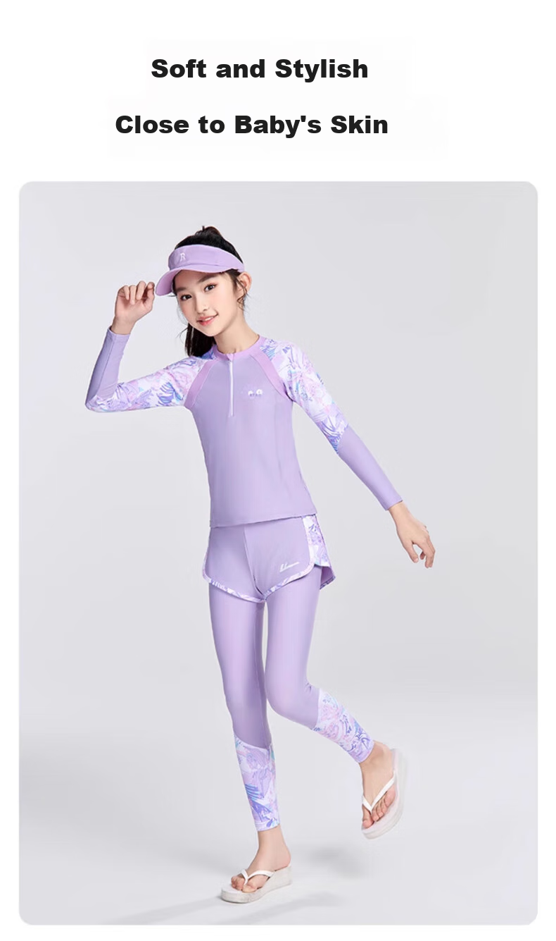 Huili Children's Swimsuit, Girls' Long-Sleeve Swimwear, for Older Kids And Girls, Two-Piece Swimming Costume 35342H1M, Purple, Size 135 4