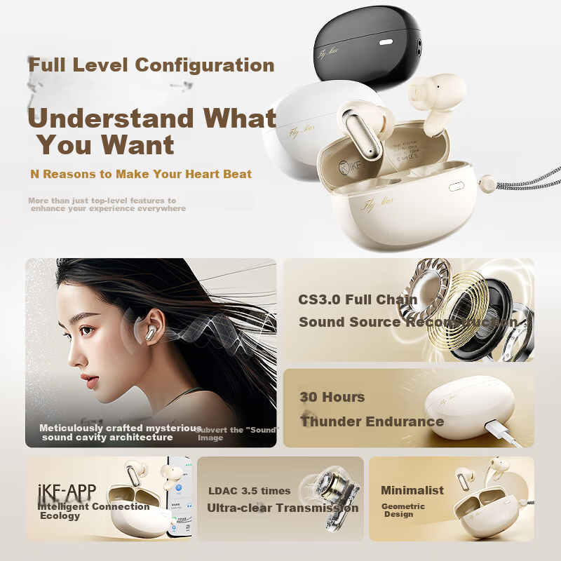 IKF Fly Max True Wireless Bluetooth Headphones with Active Noise Cancellation, Ultra-Wideband In-Ear Design, LDAC High-Quality Sound, Low Latency for Gaming, Compatible with Huawei, Xiaomi, Apple - Cloud White