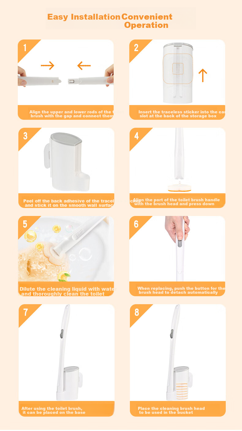 MIAOJIE Disposable Toilet Brush with 7 Replacement Heads, Wall-Mountable, Ready-To Disposable, Orange Oil Stain Removal 8