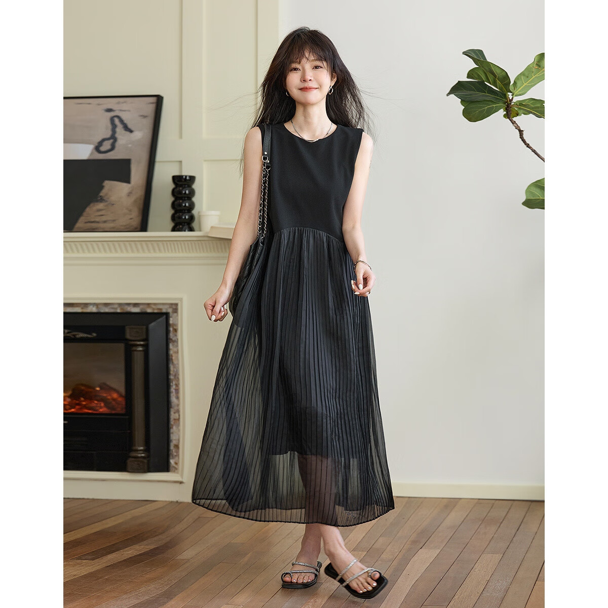 Demana Irregular Waistline Design Spring Literary Pleated Sleeveless Pleated Slimming Women's Dress