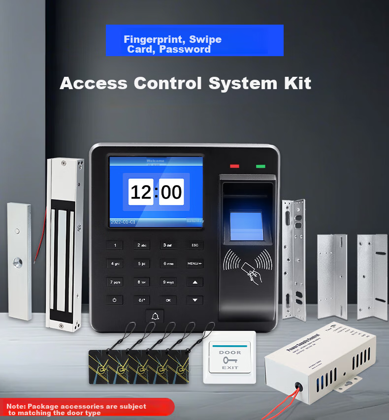 Youku Fingerprint Attendance Access Control System: Single Glass Door Magnetic Lock + Power Supply + Entry/Exit Switch Set, ID Card Reader Password Door Access All-In Machine 3