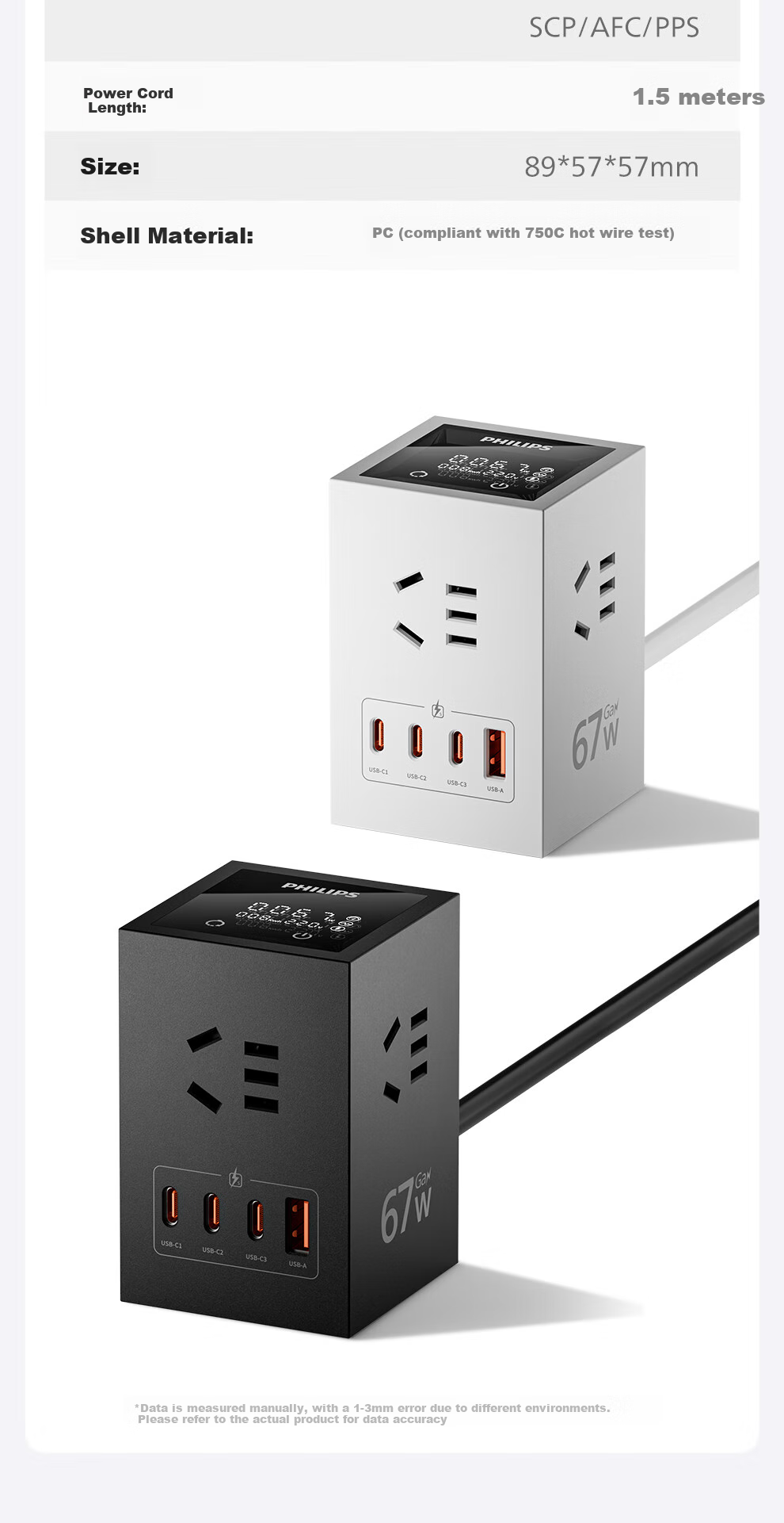 PHILIPS Desktop Charging Station, Gaming Power Strip, 67W Vertical Digital Display Socket, Gallium Nitride USB Outlet, Multifunctional Smart Fast Charging Extension Cord, Multi-Port Power Strip Suitable for IPhone 18 16