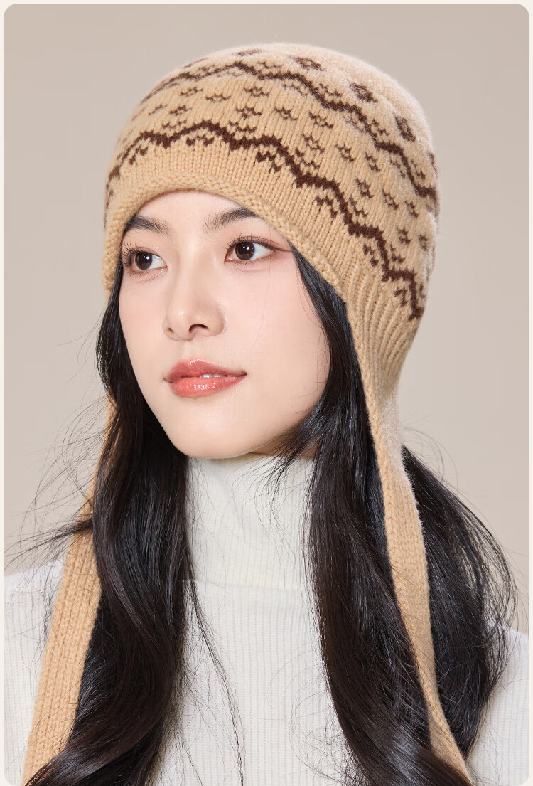 JIUMU Pure Wool Warm Knitted Beanie Autumn Winter Cold Weather Outdoor Ear Protection Hat for Women 4