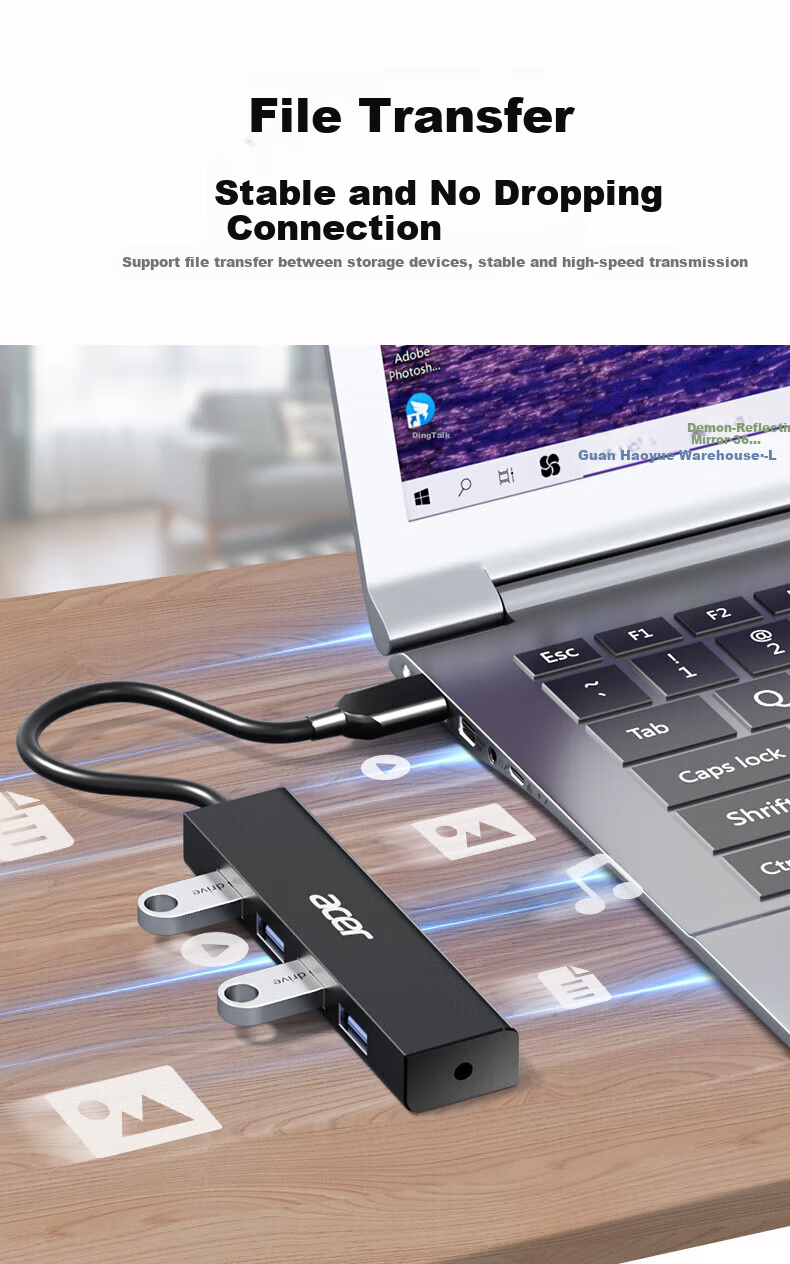 Acer USB 3.0 Hub, Expansion Dock, High-Speed 4-Port Hub Adapter, Compatible with Desktop Computers And Laptops, Multi-Port Converter, Extension Cable, 1 Meter 5