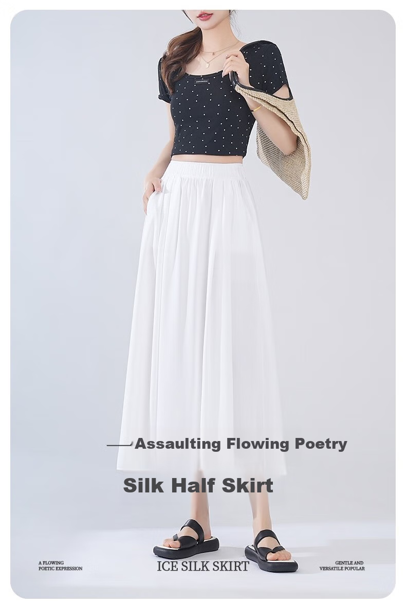 LangSha Ice Silk White Midi Skirt for Women, 2025 New Summer Thin Cool A-Line Skirt, Slimming Versatile Mid-Length Skirt 2