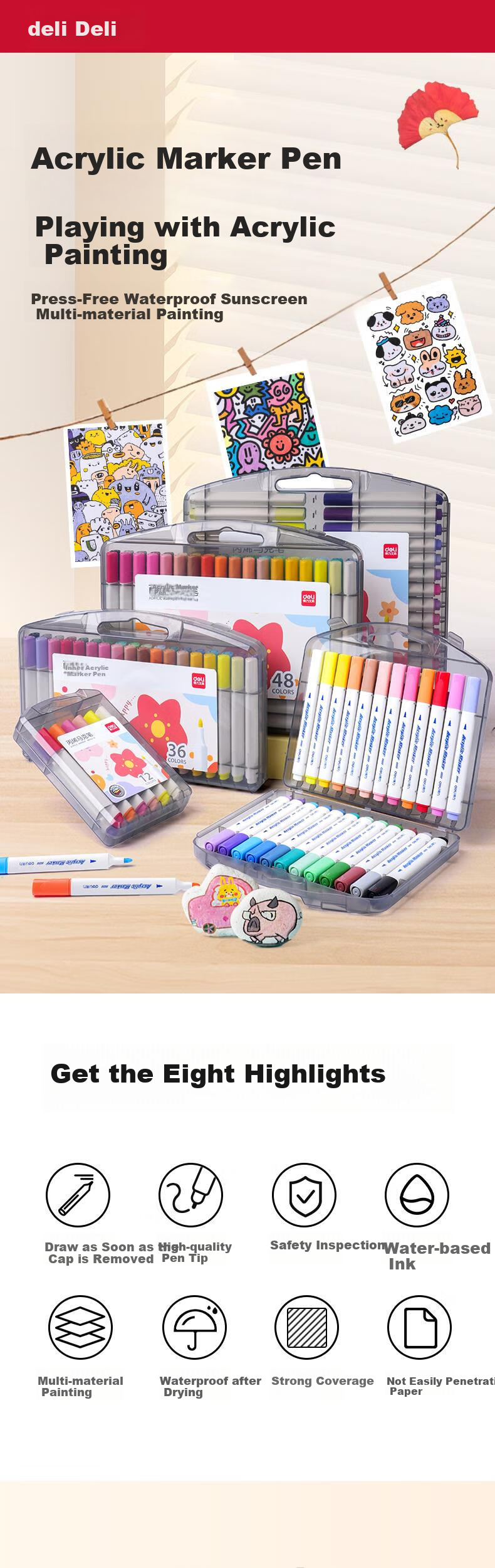 Deli [Back to School Stationery] 24-Color Children's Water-Based PP Boxed Triangular Acrylic Markers, Waterproof Drawing Guka Fluorescent Highlighters, New Year Tree Graffiti Pens for Boys And Girls 1