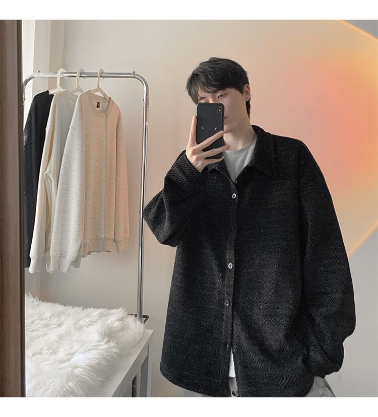 Dingfengbaoluo American Style Fishbone Pattern Jacket Men Autumn Lapel Loose Textured Casual Long Sleeve Shirt XJM65 Black M 14