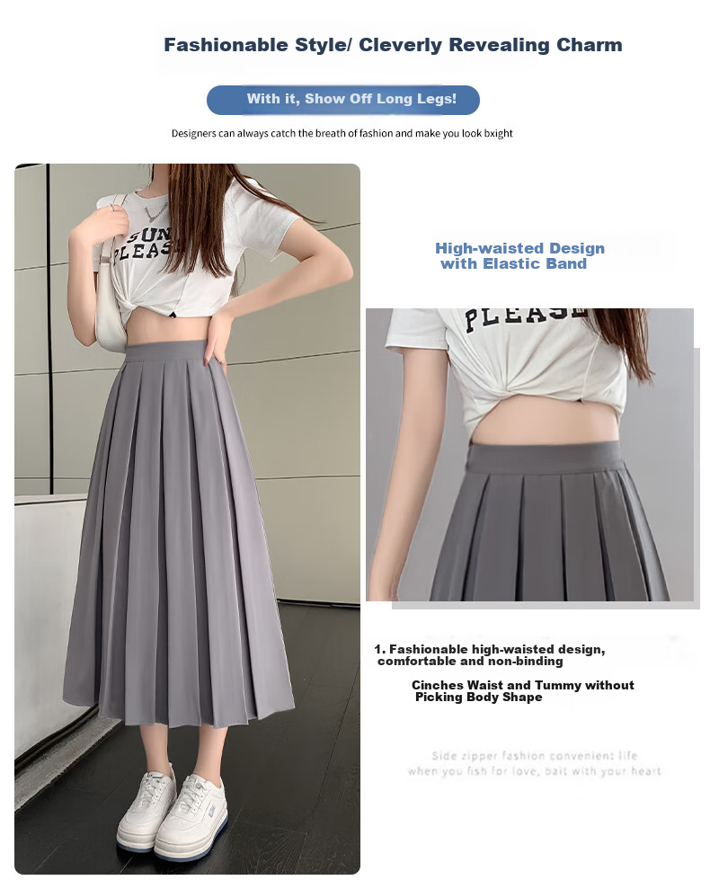 LangSha Pleated Skirt Women's Spring Vintage Mid-Length A-Line Skirt Elastic Waist Slim Fit Suit Umbrella Skirt 5