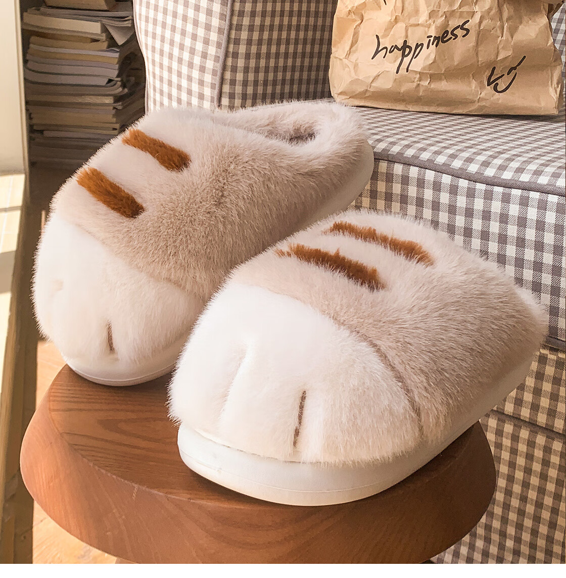 MINISO Cute Cat Paw Cotton Slippers Dormitory Cute High-Value Outdoor Indoor Home Cotton Slippers Khaki Size 42-43 2