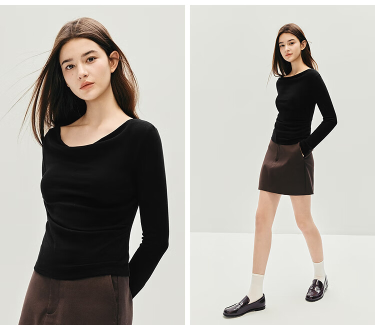 Semir Women's Long Sleeve T-shirt Short Thin Solid Color Design Sense 2025 Autumn Slim Dangling Neck Pullover 107625101001 3
