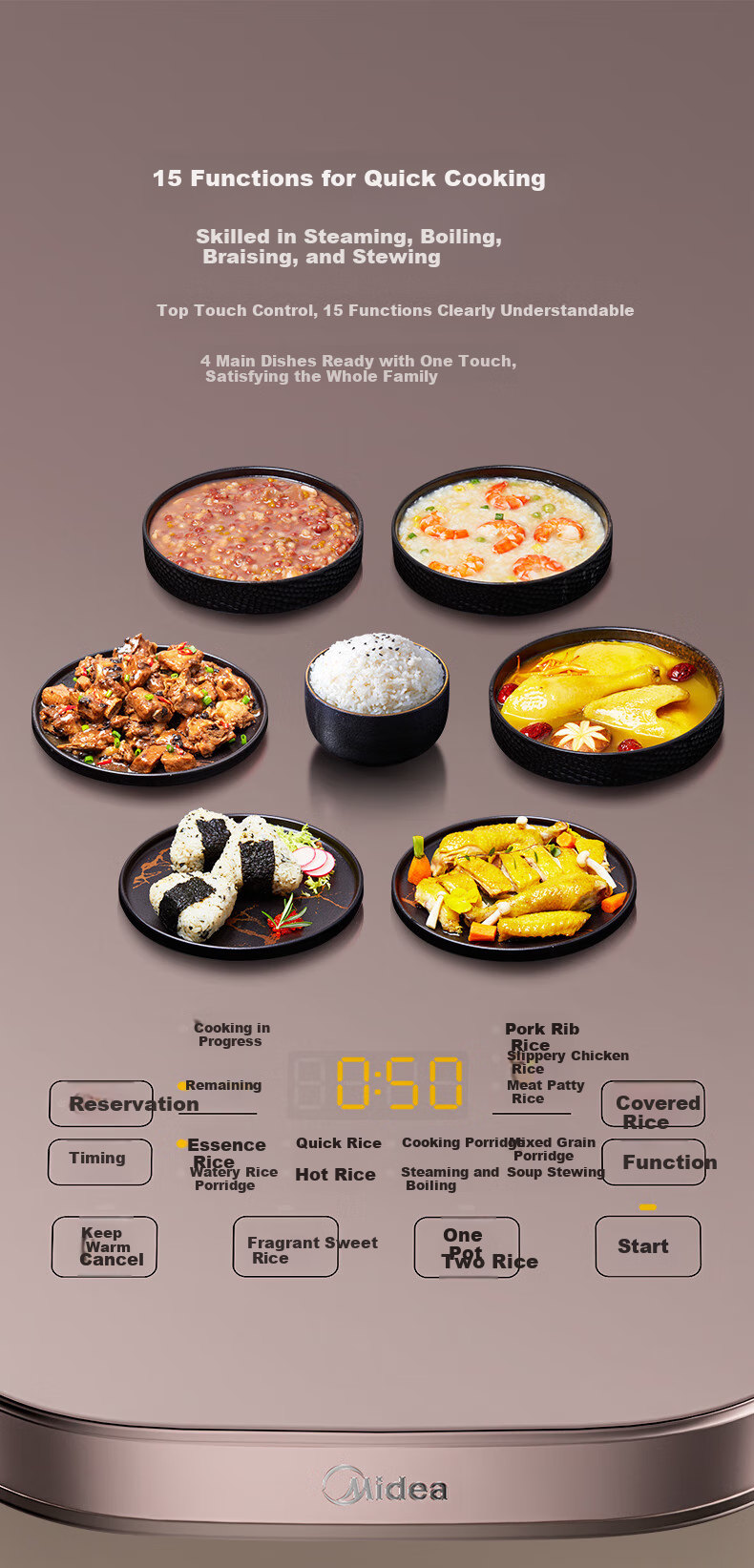 Midea Petal Rice Cooker for Home Use, 5L, Chiyang Charcoal Fire, Three-Dimensional IH Heating, Thickened, Antibacterial, Long-Lasting Charcoal, Titanium Gold Pot, One Pot Two Rices, Rice Cooker MB-CFB5089H 15