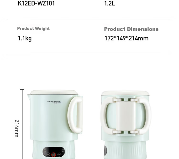 Joyoung Portable Electric Kettle, 1.2L Foldable Pot, 316L Stainless Steel Inner Pot, for Boiling Water, Hot Pot Cooking, Dormitory Use, No Glue Required, K12ED-WZ101 25