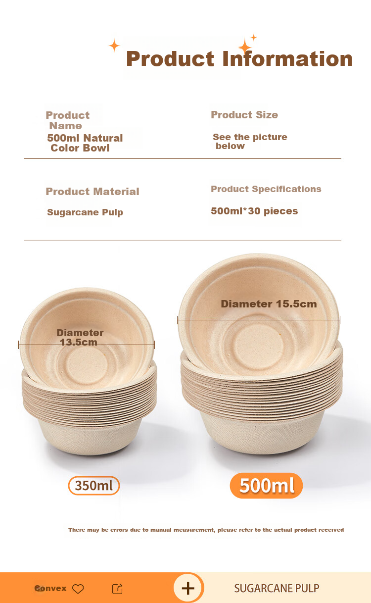 SHUANG YU Disposable Paper Bowls, Natural Color, 500ml*30 Pieces, for Taro Paste, Soup, Rice, Round Bowl, BBQ, Picnic Utensils 2