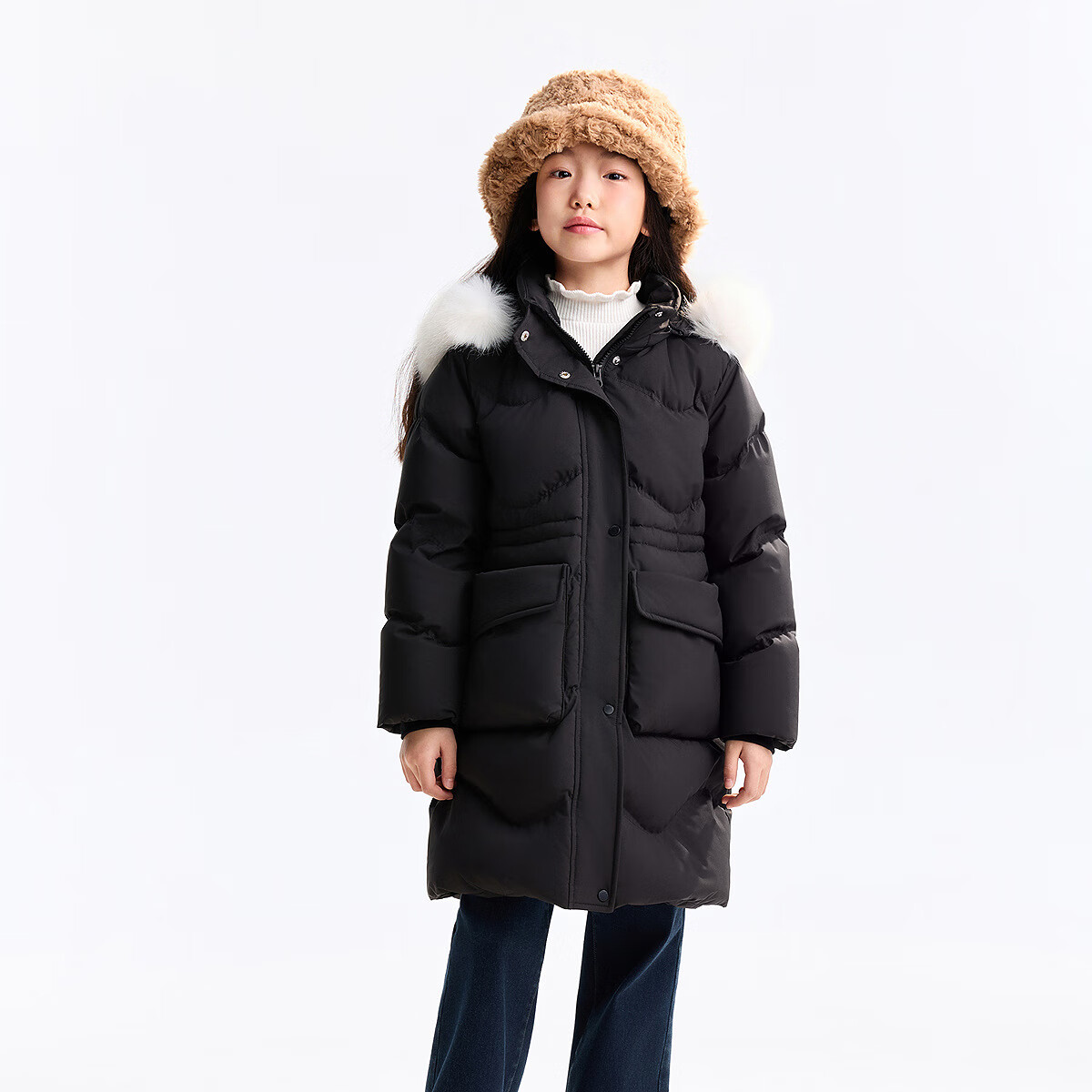 Annil Kids Girls Long Down Jacket 2025 Winter New Black 140