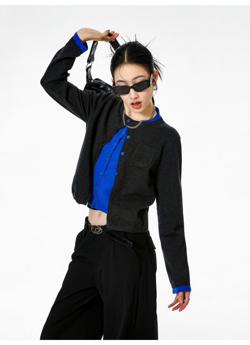 ICH MODE American Vintage Two-in-One Knit Cardigan Women Autumn Winter Sweater Jacket Base Shirt Long Sleeve Top Dark Gray XL 15