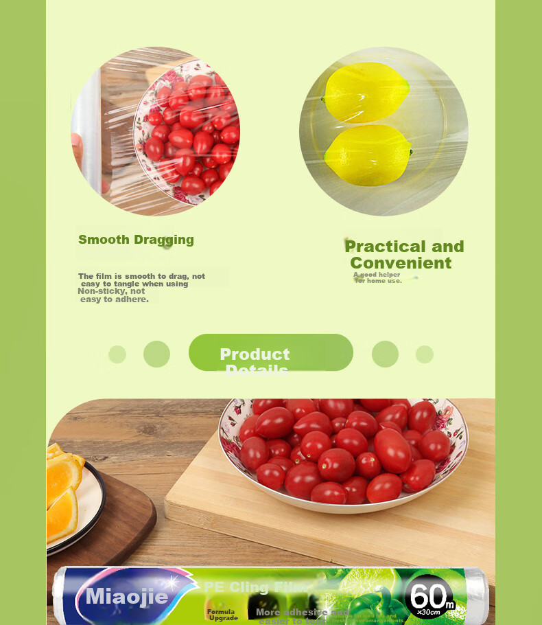 MIAOJIE Tear-Free PE Cling Film, Boxed, Easy-To with Tear Points, Strong Adhesion, Large Size 100 Meters 4