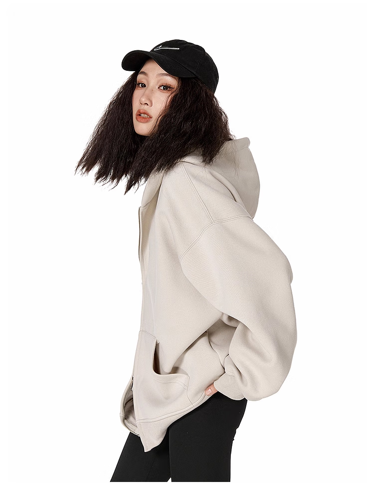 ICH MODE Fleece-Lined American Style Hoodie Jacket Women Autumn Winter Loose Fit Double Zipper Cardigan Lazy Long Sleeve Coat Black L 27