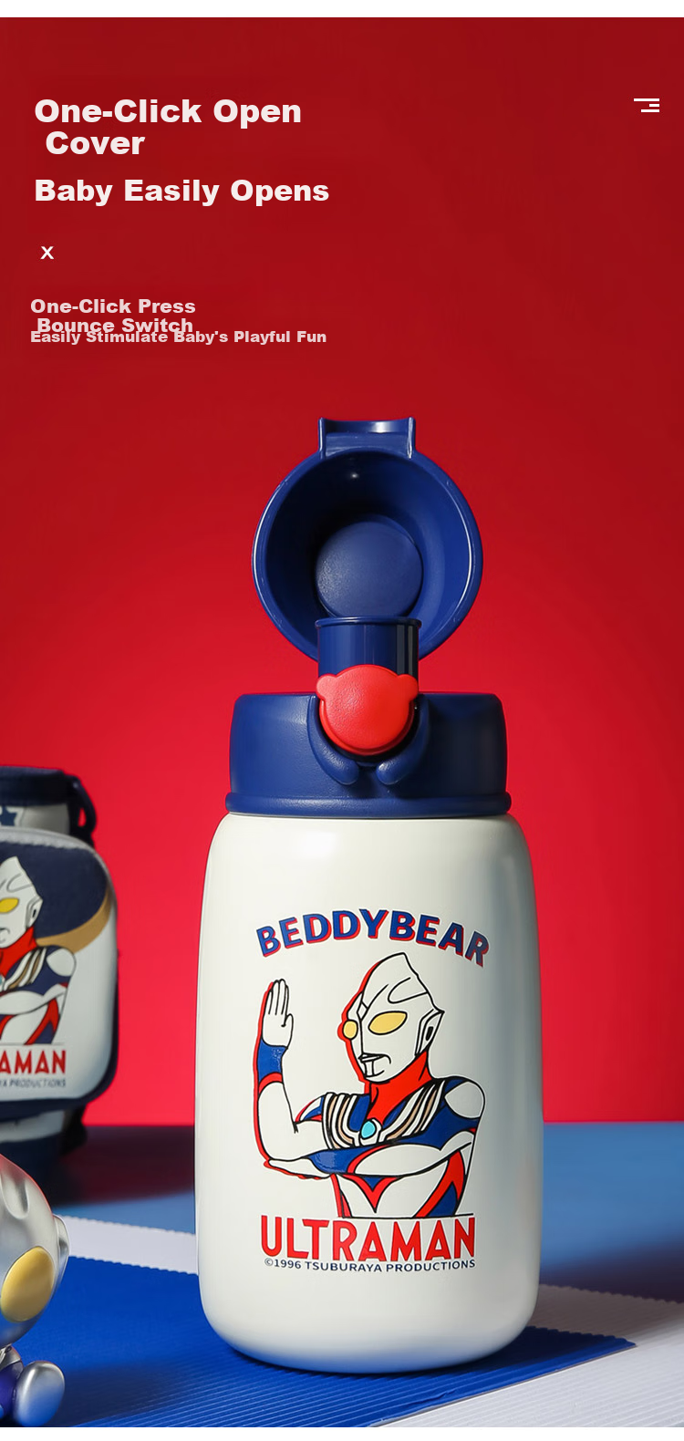 BEDDYBEAR Ultraman Children's Insulated Cup with Four Lids, Three-Way Straw, Large Capacity Water Bottle for Students, 540ml Diga 5