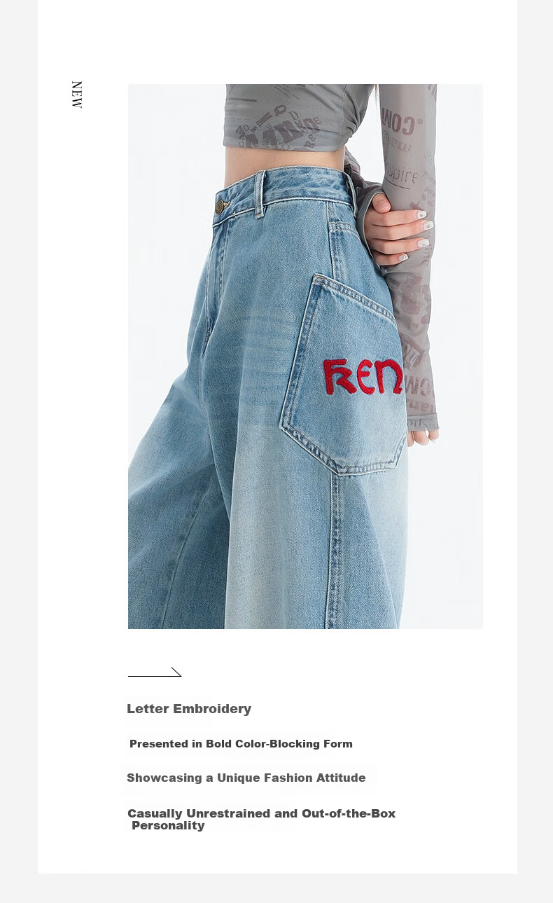 LangSha Embroidered Wide-Leg Jeans for Women, Spring 2025 Thin Vintage Style with Large Pockets, High-Waisted Washed Straight-Leg Jeans 7