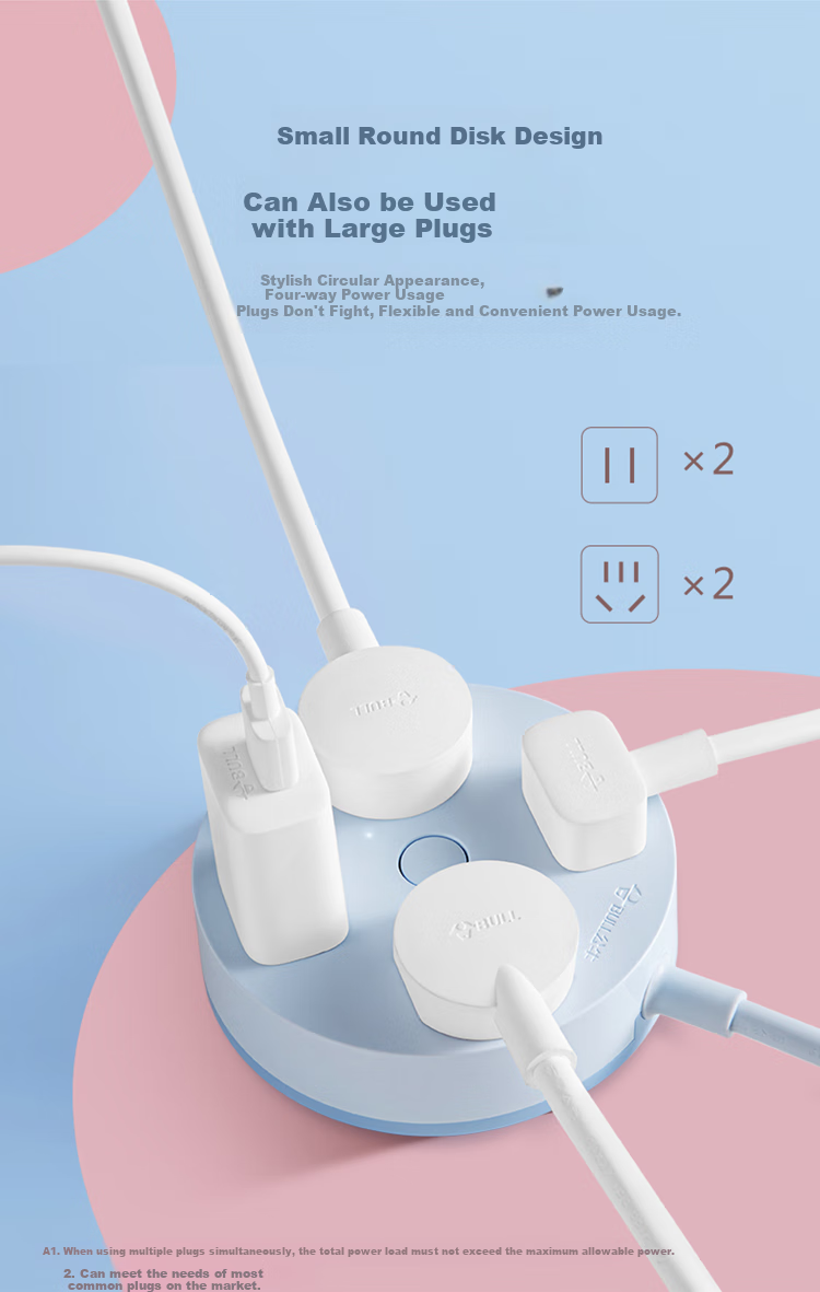 BULL Power Strip/surge Protector/power Bar/power Outlet/extension Cord, Round Socket with Master Switch, Total Length 1.8 Meters, Sky Blue, GN-R2220 4