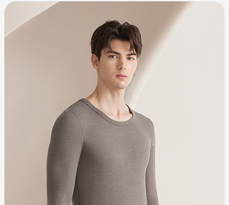 LangSha Men's Thermal Underwear Antibacterial Mite-Resistant Cashmere Silk Lightweight Crew Neck Double-Sided Fleece Autumn Top and Bottom Set 10