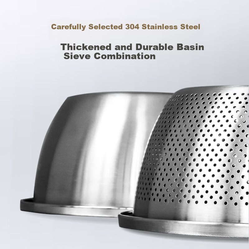 One's Member Thickened Multifunctional 304 Stainless Steel Cooking Bowl, Vegetable Washing Basin, 24/26/28cm Three-Piece Set, Dough Mixing Bowl, Seasoning Bowl
