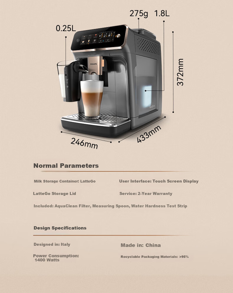 PHILIPS [Wang Kaimu's Choice] Cloud Coffee Machine New 3 Series EP3341/62, Home Use, Fully Automatic Italian Espresso Cold Brew Grinding All-In Coffee Machine 23