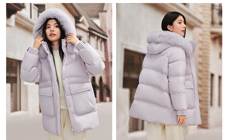 Bosideng Off-Season Women's 90% Down Thickened Stand Collar Loose Mid-Length Large Fur Collar Mall-Style Down Jacket 9