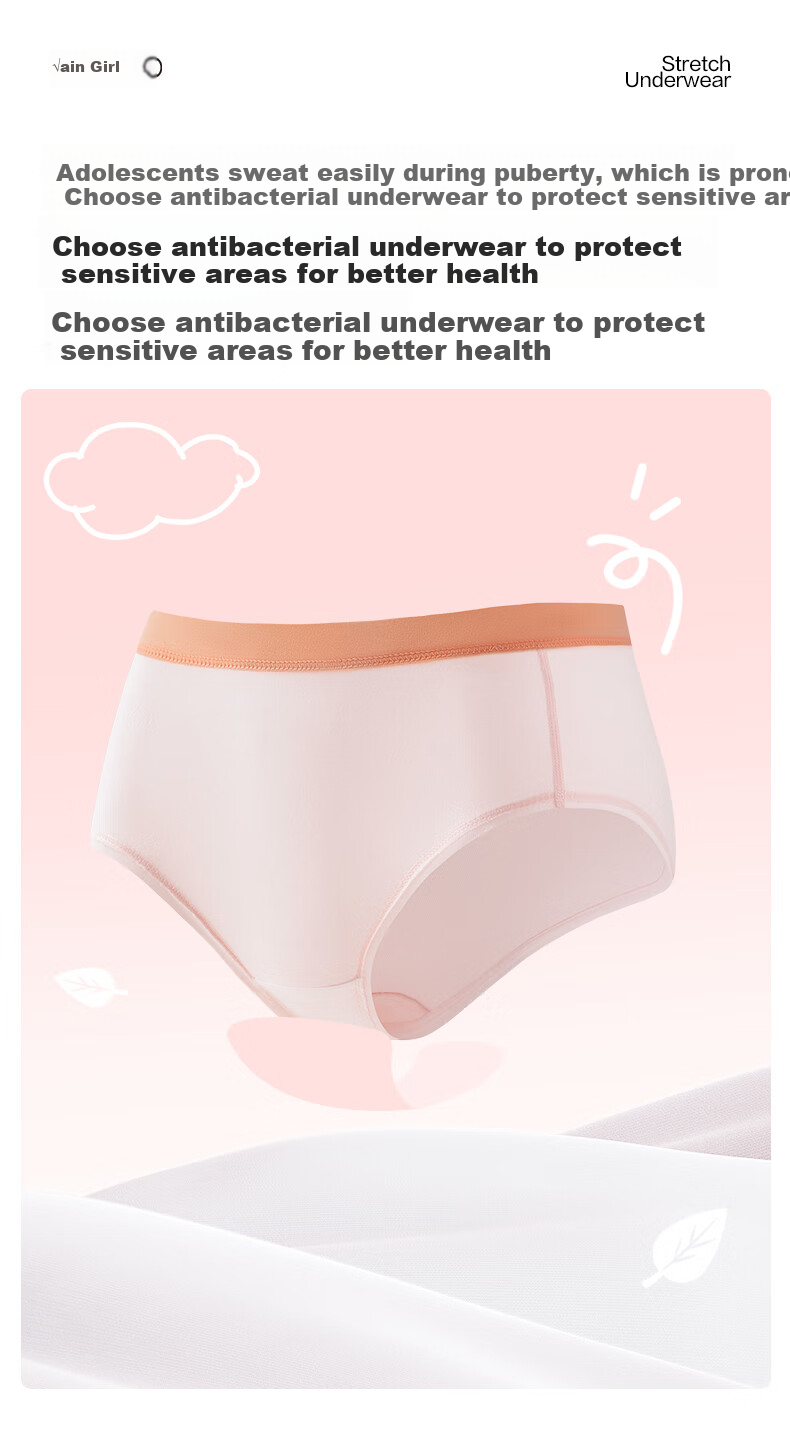 PurCotton Children's 7A Mesh Antibacterial Crotch Elastic Boxer Briefs, Muyun Pink + Milk White + Light Blue-Green (Purple Waistband) 24