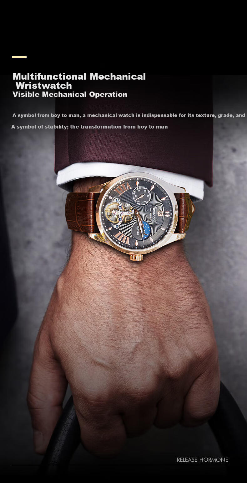 Bestdon Men's Automatic Mechanical Watch, Water-Resistant, Luminous, Business Style, National Trend, Gift Box for Men, Present for Me 3