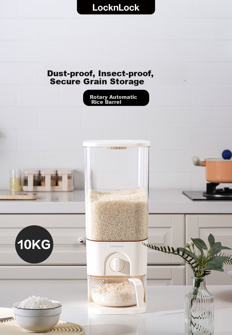 LOCK&LOCK Automatic Rice Container, Multi-Grain Storage Bin, Visible Sealed Storage Jar, Grain Storage Box, 10kg, White 1