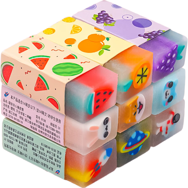Licao Elementary School Erasers, No Residue Erasers, Clean without Leaving Marks, PVC Material, Cartoon Fruit Design, Pack of 9, Kindergarten Student Erasers, Super Clea