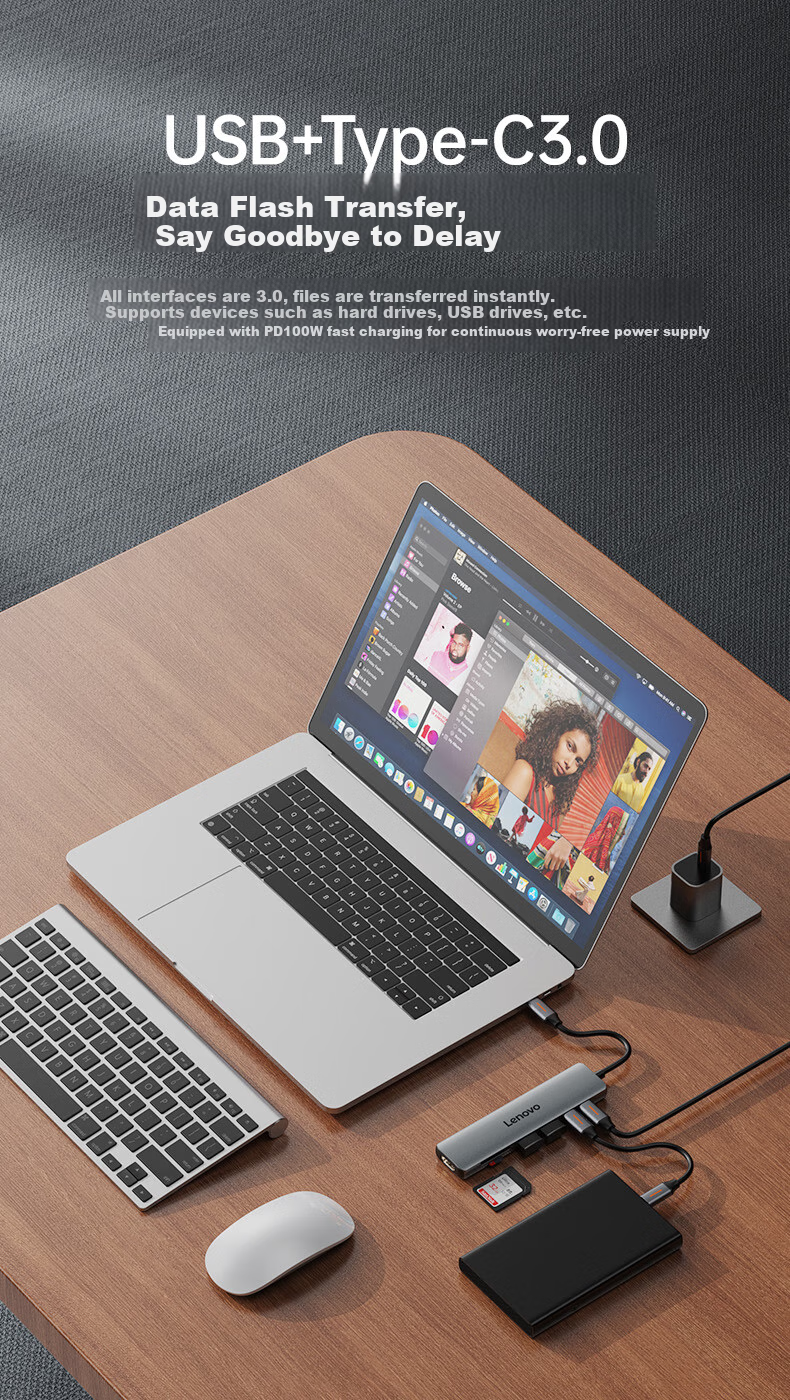 Lenovo Type-C Expansion Dock, USB-C to HDMI Converter, USB3.0 Hub, Laptop Splitter, 4K60Hz Screen Mirroring, PD Fast Charging, Multi-Port Adapter 4