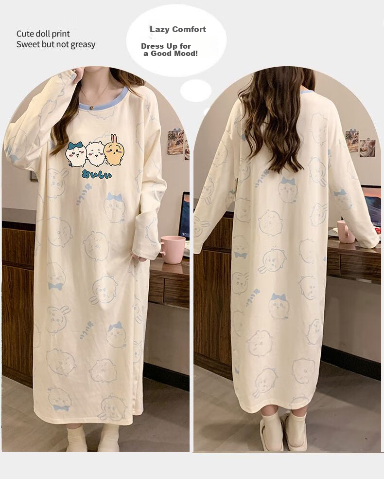 LangSha Pure Cotton Nightgown for Women, Long Sleeve Spring New Cartoon Loose Plus Size Knee-Length Sleepwear, Suitable for Outdoor Wear, Ladies' Pajamas 10