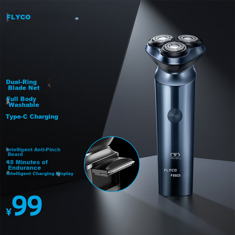 FLYCO Men's Smart Rotary Electric Shaver, Fully Washable Three-Head Design, Birthday And Holiday Gift for Boys, Friends And Fathers FS923