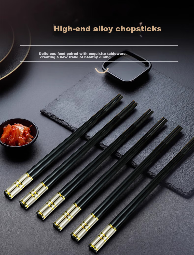 Shihua Alloy Chopsticks, Stainless Steel And Mold-Resistant, 10 Pairs Set, for Home And Hotel Use, Japanese Style Chopsticks, Silver Base with Four Rings Design, 24cm 1