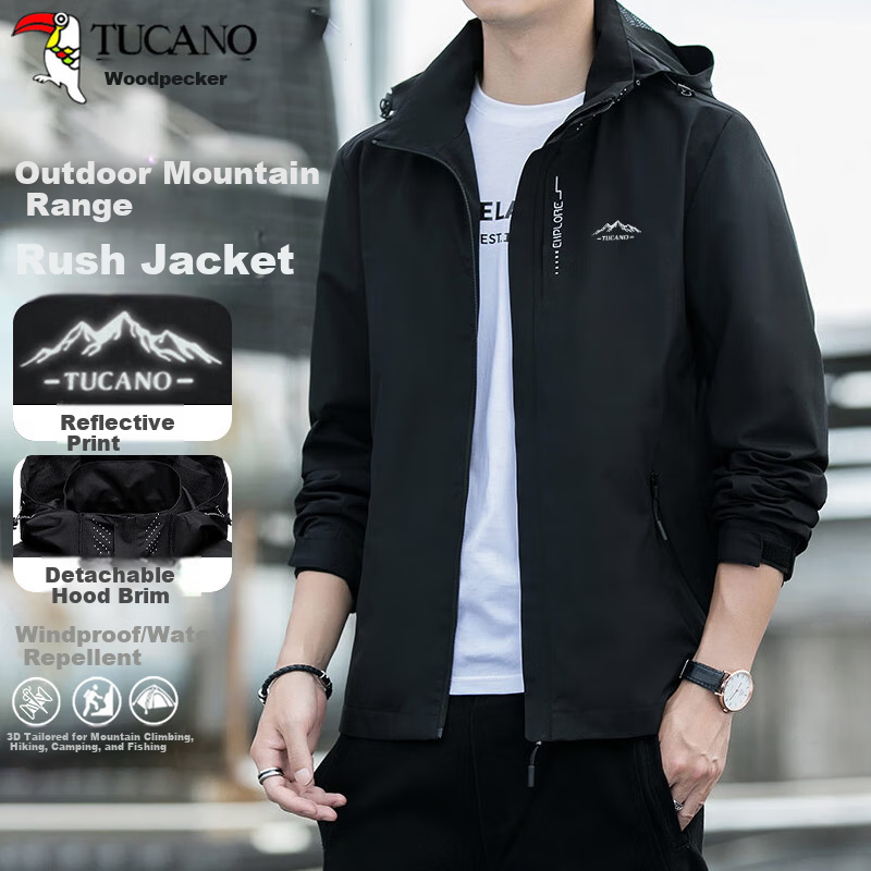 TUCANO Men's 3-in-1 Windproof Waterproof Detachable Hood Outdoor Mountaineering Jacket Black M