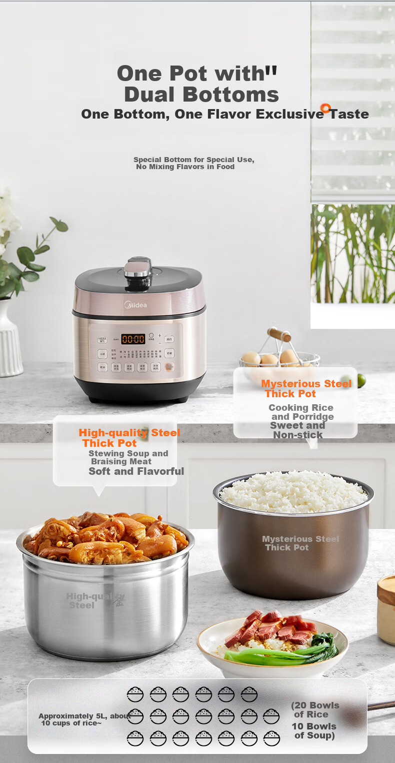 Midea Electric Pressure Cooker, 5L Nongxiang Series, High-Pressure Cooker, 1300W, IH Heating, Dual Inner Pot, 24-Hour Smart Reservation, Pressure Cooker MY-YL50P602 [ZMD Safe Series] 6