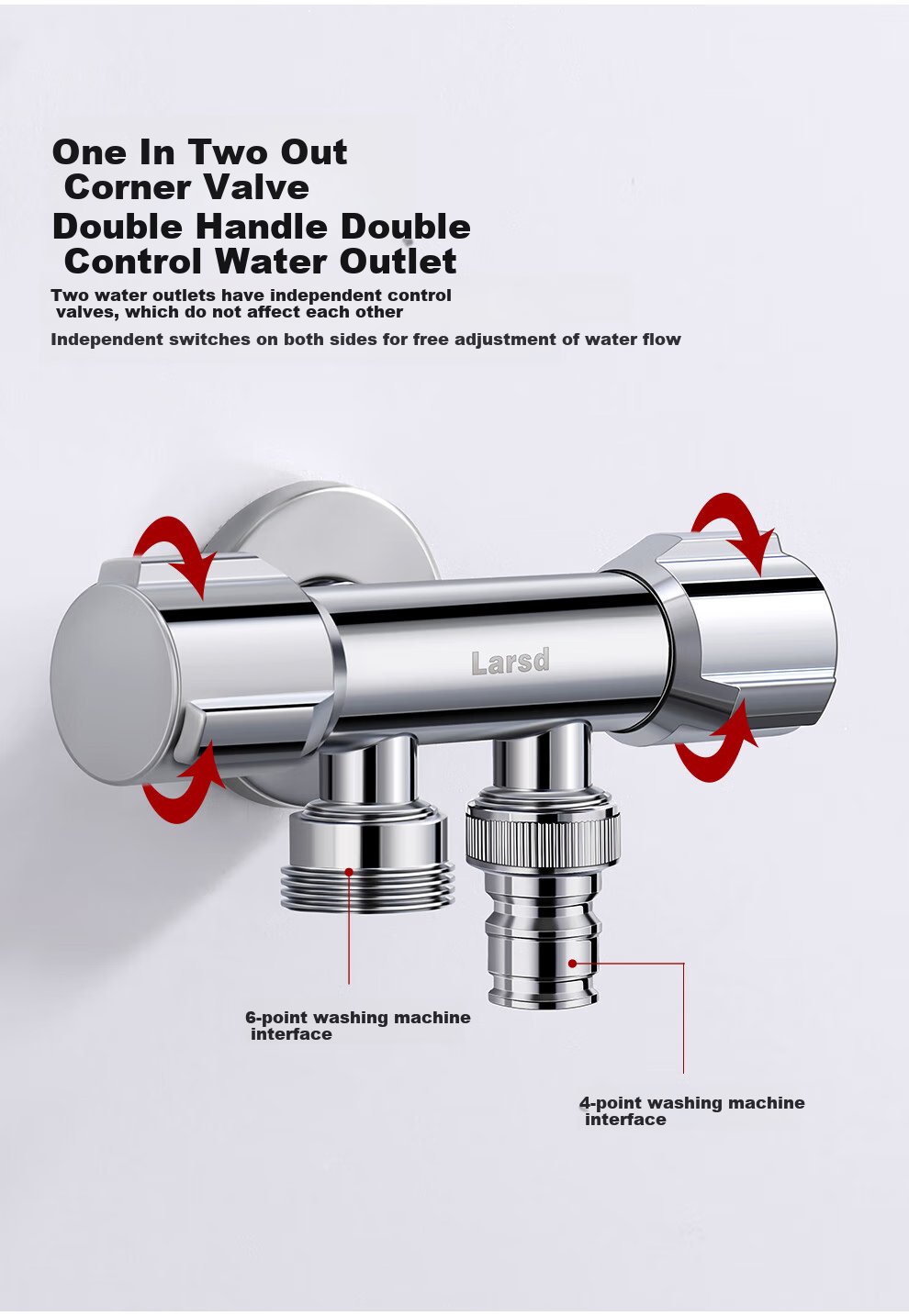 Larsd Dual-Purpose Angle Valve, One Inlet Two Outlets, Triangular Valve, One to Two, Figure-Eight Valve, with 4/6 Points Washing Machine Interface LD10217 5