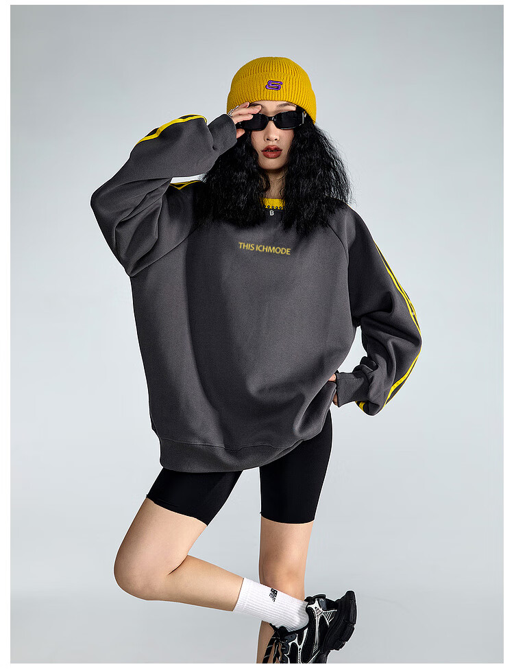 ICH MODE American Style Crewneck Pullover Sweatshirt Vintage Striped Women's Spring Autumn Long Sleeve Loose Sports Jacket Blue M 8