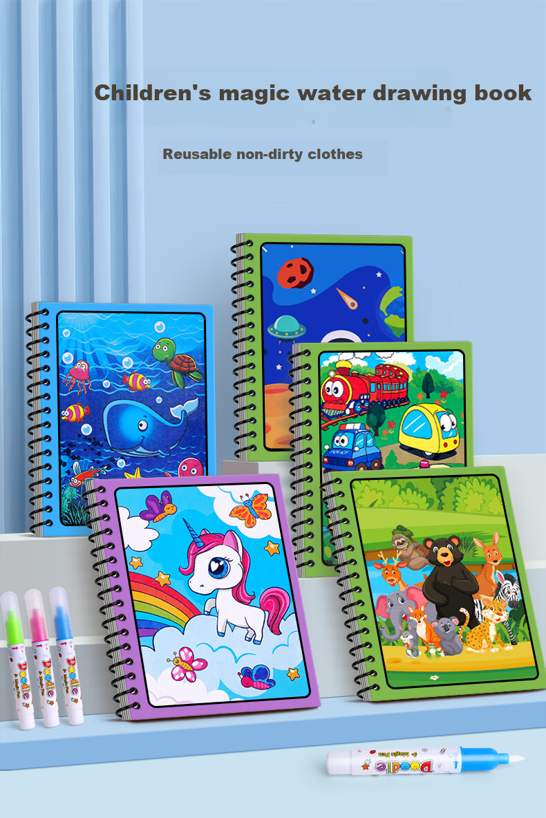 COOKSS Magic Water Drawing Book, Reusable Doodle Water Pen Book, Magic Coloring Dinosaur Toy for Boys And Girls, 6 Books 1