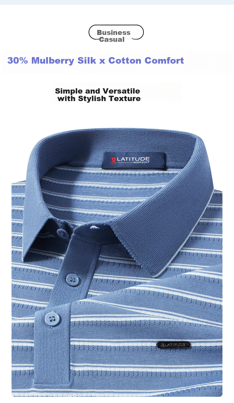 MONTAGUT Summer POLO Shirt Short Sleeve Striped Men's Mulberry Silk Skin-Friendly Breathable Cool Casual T-Shirt, Tea Brown, L/50 1