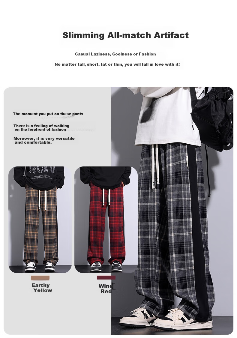 IZEXX Men's Plaid Pants, Summer American Straight Wide-Leg Loose Versatile Casual Pants, Sporty Retro Style ZL27 Gray L 3