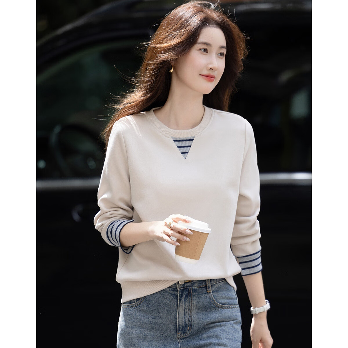 Demana Fresh Cloud Cotton Autumn Lazy Loose Fit Ribbed Colorblock Cuff Sweatshirt