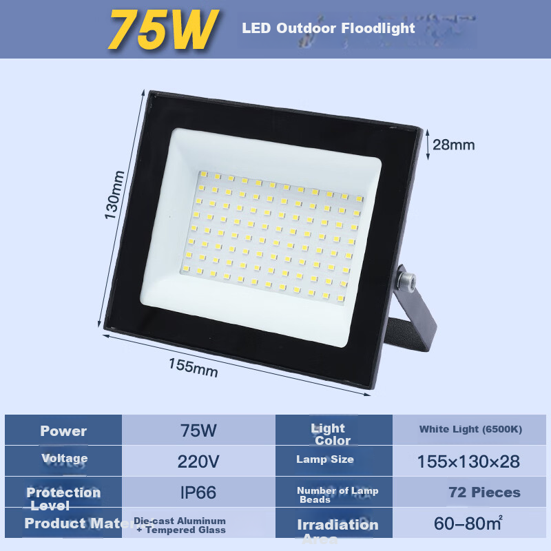 ROLin LED Floodlight Outdoor Lighting Searchlight Garden Light Spotlight Outdoor Construction Site Illumination Light IP66 75W