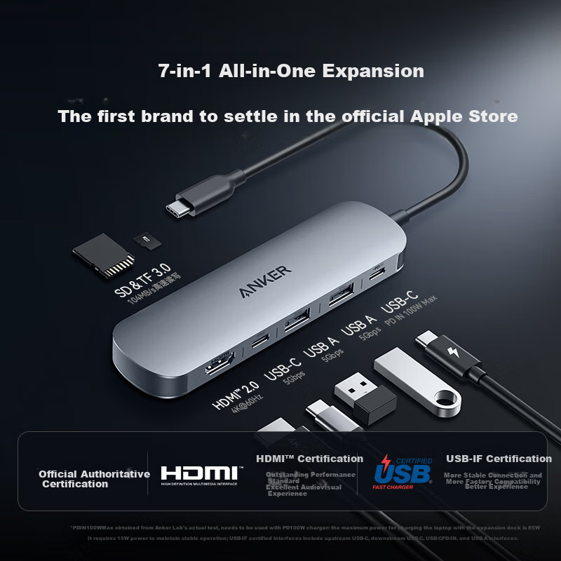 ANKER Type-C Hub 7-в-1: док-станция с PD 100 Вт, HDMI 2.0, USB 3.0, SD/TF кард-ридер. Совместима с MacBook, Huawei.