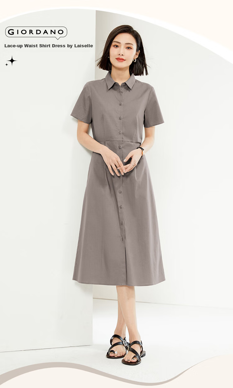 Giordano Women's Shirt Dress, Summer New Style, Lyocell Fabric, Commuter Waist-Cinching Lapel Short-Sleeve Dress, Women's Style 05465314 3