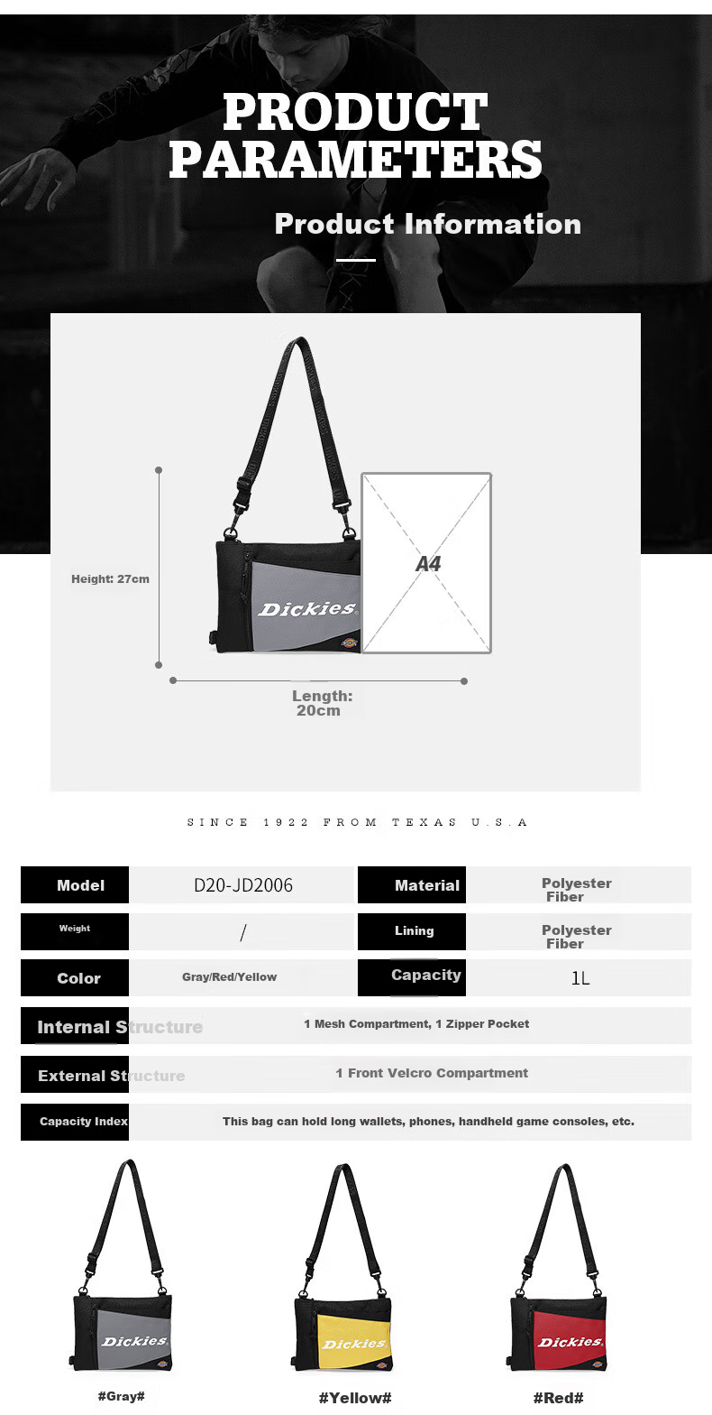 Dickies Trendy Crossbody Bag with Contrasting Design, Fashionable Envelope Bag, Versatile Shoulder Bag for Men, Gray 2