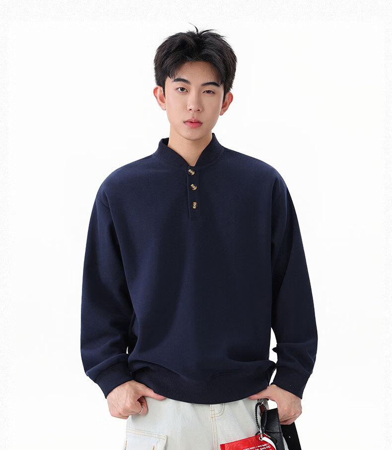 Homlean Heavyweight Henry Collar Solid Color Sweatshirt Men Autumn Fashion Casual Loose Base Shirt HQ00 Black 4XL 5
