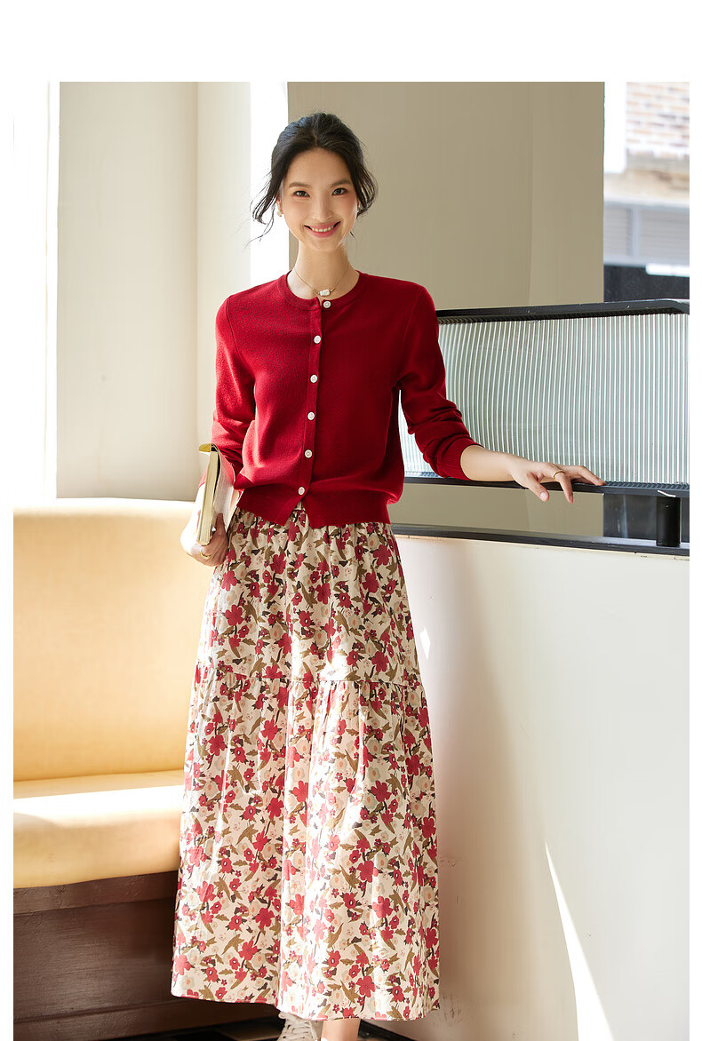 Fanximan Holiday Style Casual Set Women Autumn New Knitted Top and Skirt Two-Piece Set Apricot Base Red Floral L 11